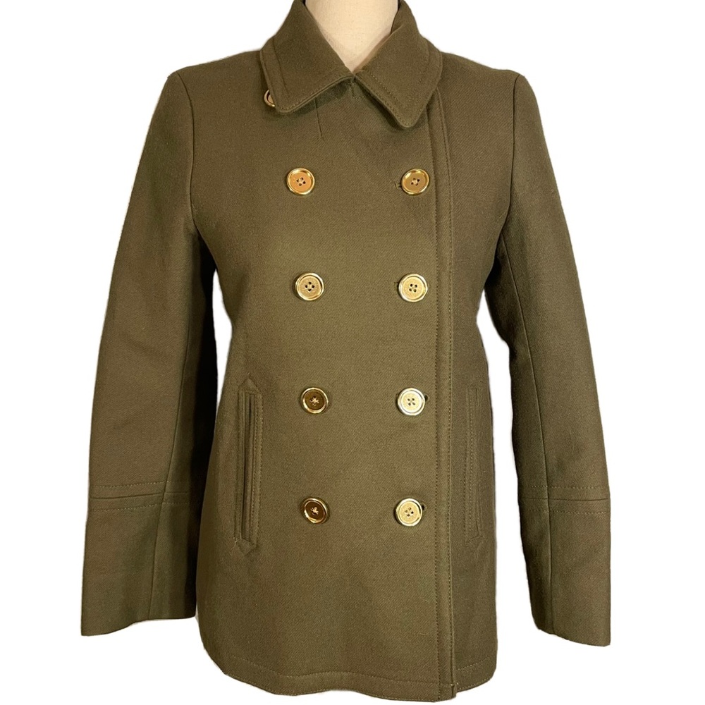 NWOT J. Crew Wool Cashmere by Nello Gori Olive Green Cozy Peacoat Size 4 Petite